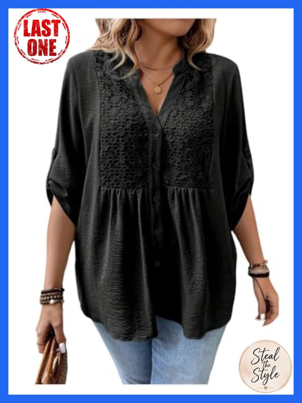 Women's Plus Size Boho Button Down Blouse 3/4 Sleeve Peplum Flowy Tunic Top